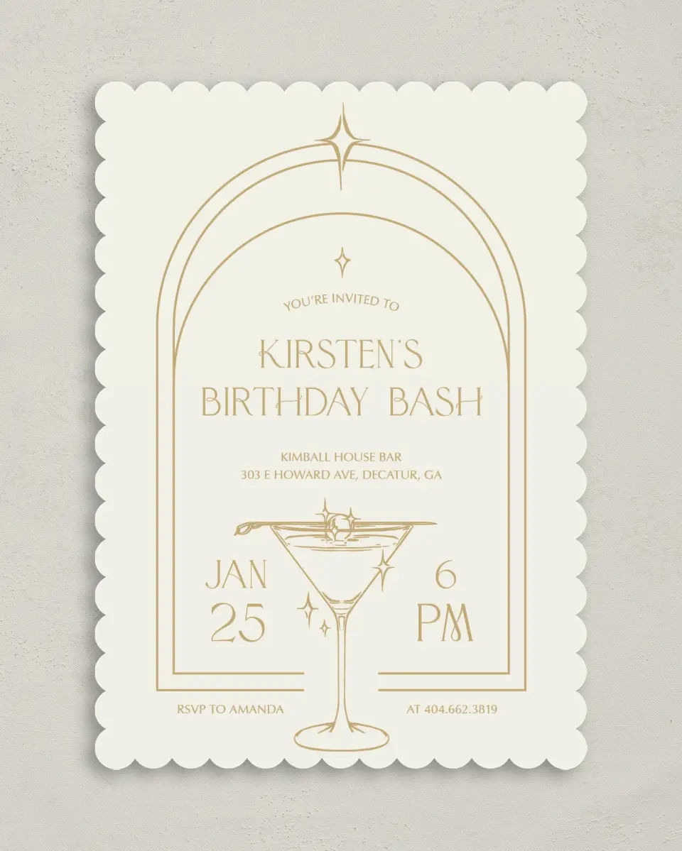 This is a 5" x 7" Birthday Party Invitation called Sparkling Sips printed in full color on Premium Smooth paper