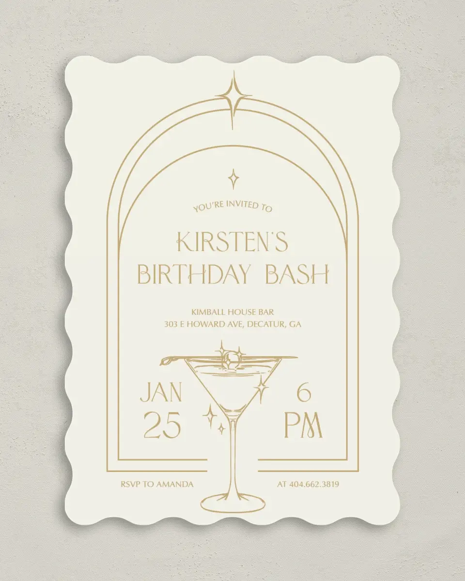 This is a 5" x 7" Birthday Party Invitation called Sparkling Sips printed in full color on Premium Smooth paper