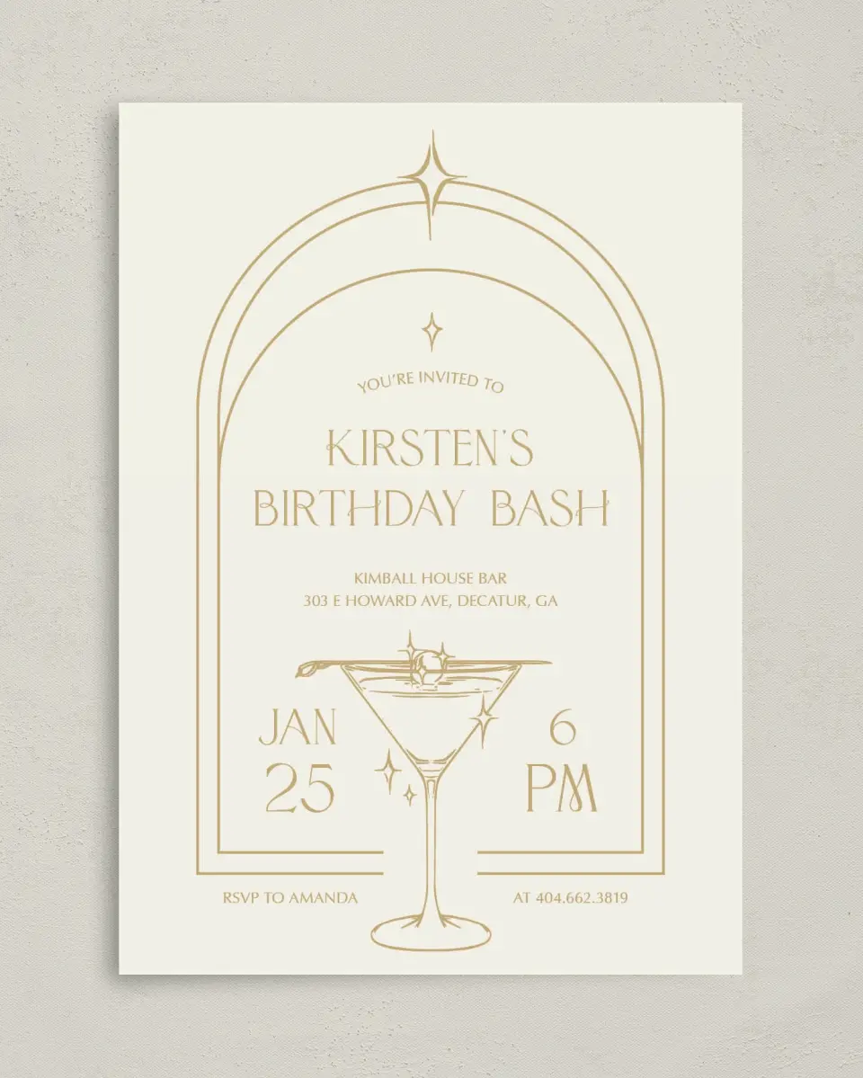 This is a 5" x 7" Birthday Party Invitation called Sparkling Sips printed in full color on Premium Smooth paper
