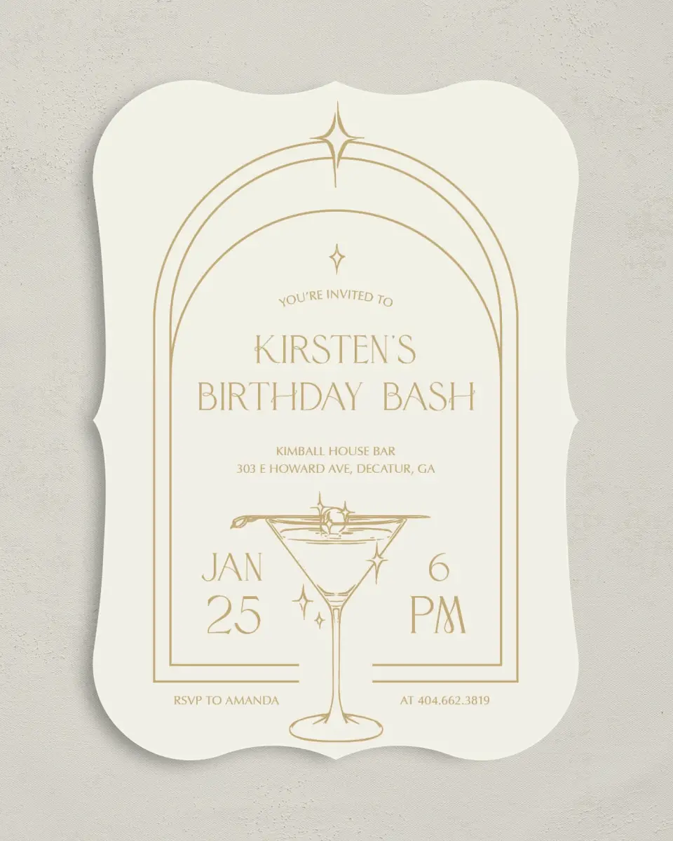 This is a 5" x 7" Birthday Party Invitation called Sparkling Sips printed in full color with Gold foil on Luxe Satin (coated) paper