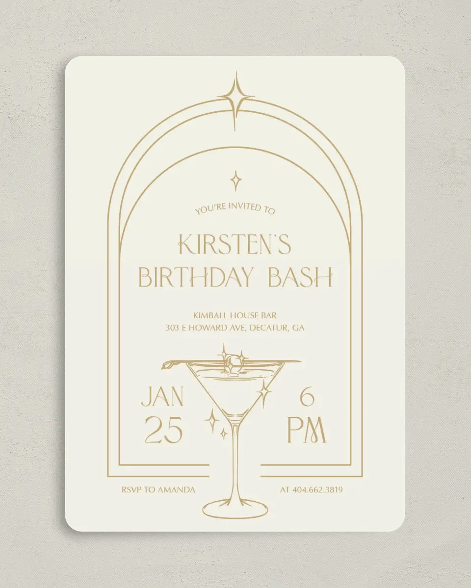 This is a 5" x 7" Birthday Party Invitation called Sparkling Sips printed in full color with Gold foil on Luxe Satin (coated) paper
