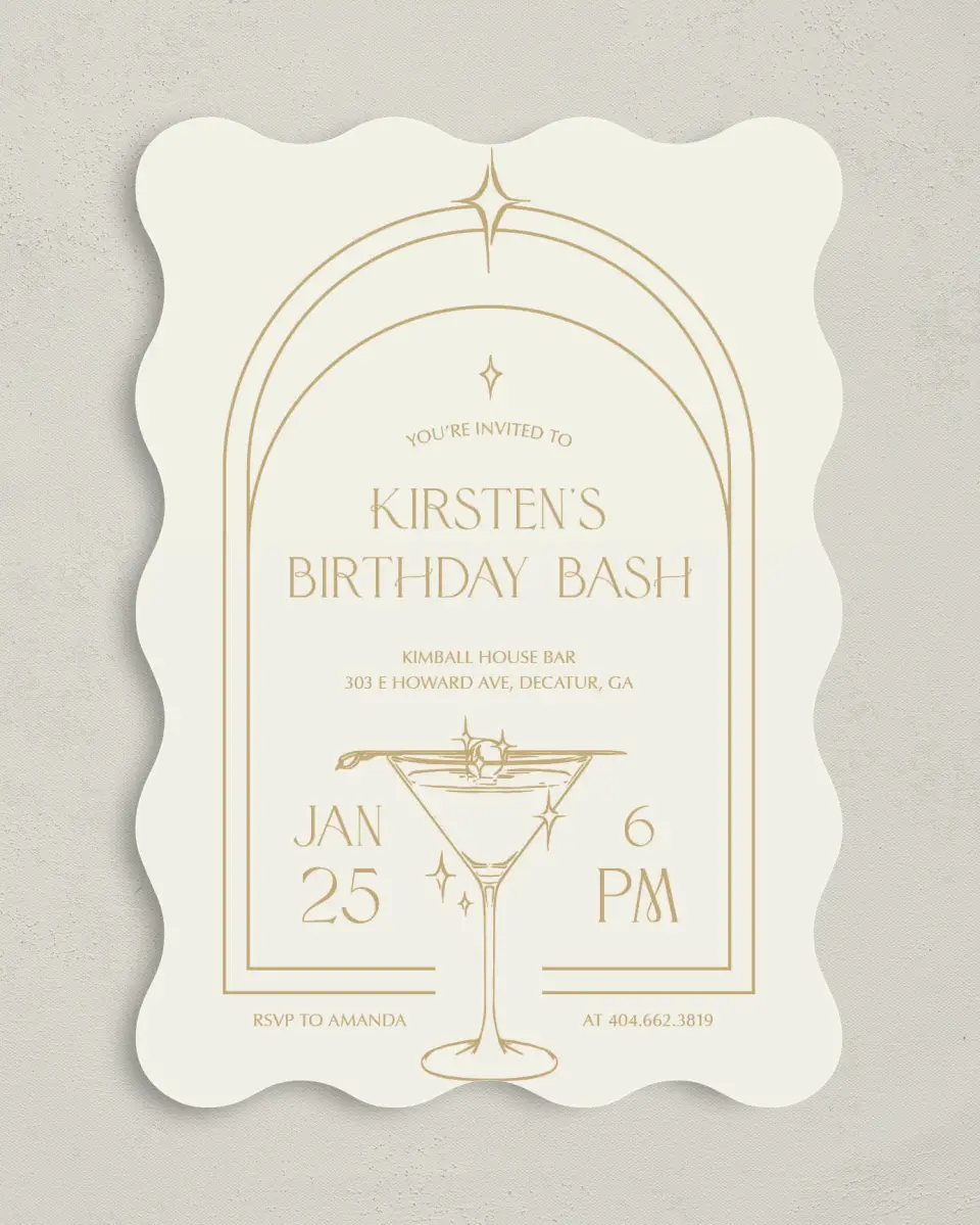 This is a 5" x 7" Birthday Party Invitation called Sparkling Sips printed in full color on Premium Smooth paper