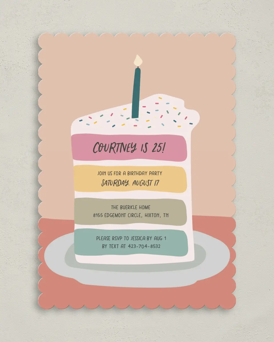 This is a 5" x 7" Birthday Party Invitation called Confetti Cake printed in full color on Premium Smooth paper