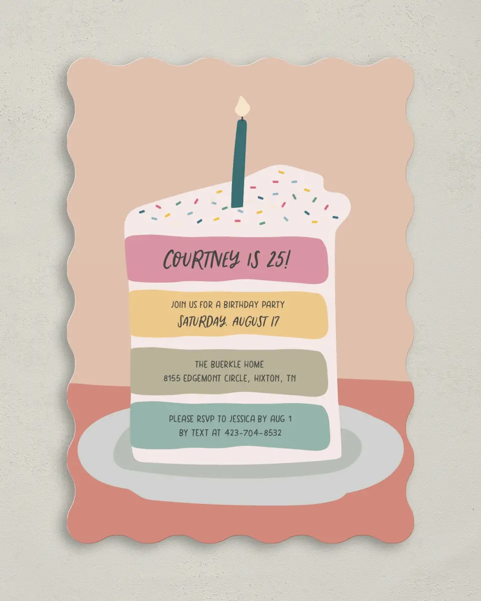 This is a 5" x 7" Birthday Party Invitation called Confetti Cake printed in full color on Premium Smooth paper