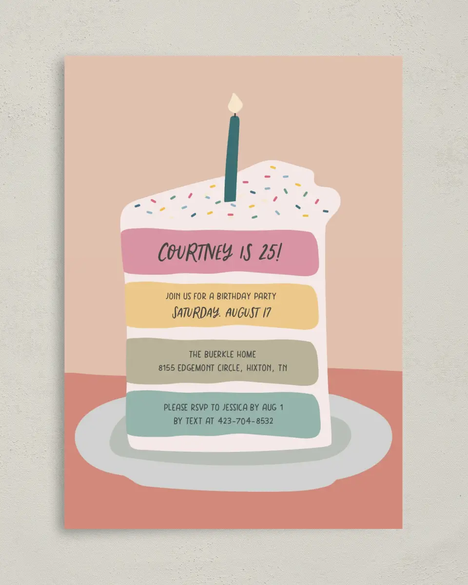 This is a 5" x 7" Birthday Party Invitation called Confetti Cake printed in full color on Premium Smooth paper