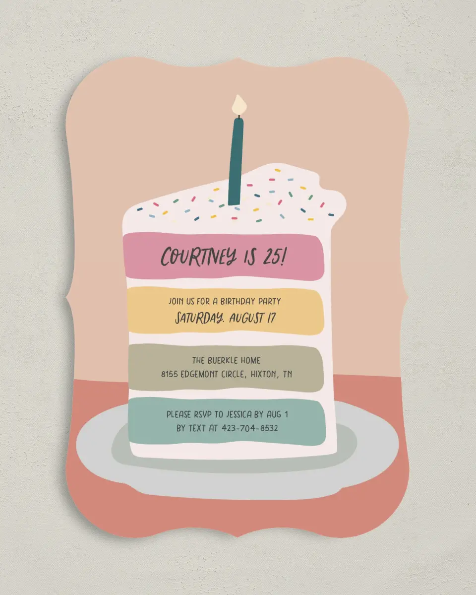 This is a 5" x 7" Birthday Party Invitation called Confetti Cake printed in full color with Gold foil on Luxe Satin (coated) paper