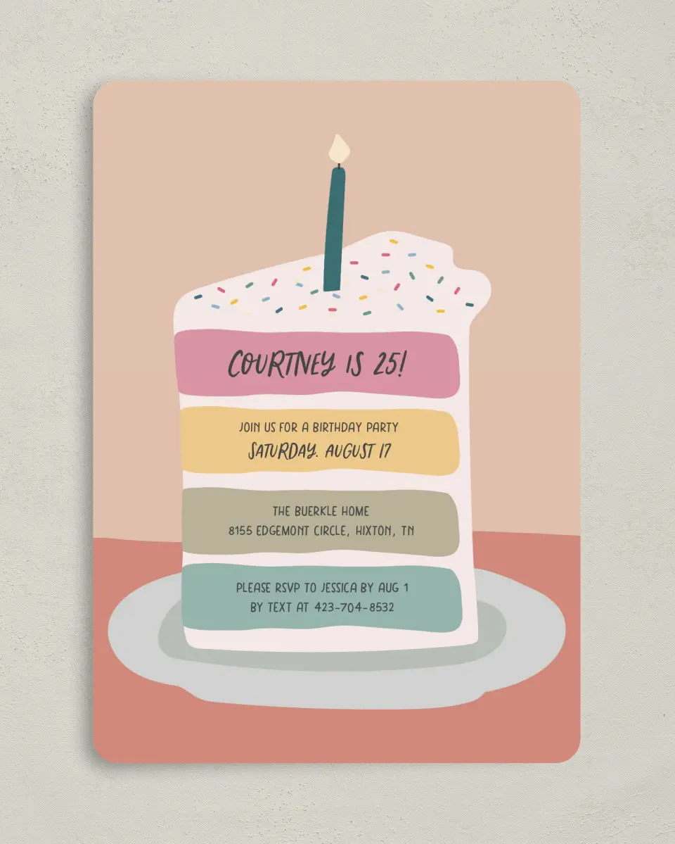 This is a 5" x 7" Birthday Party Invitation called Confetti Cake printed in full color with Gold foil on Luxe Satin (coated) paper