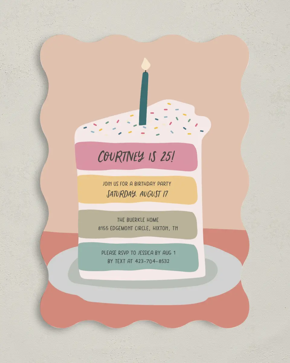 This is a 5" x 7" Birthday Party Invitation called Confetti Cake printed in full color on Premium Smooth paper