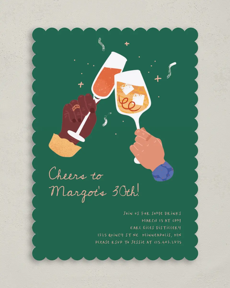 This is a 5" x 7" Birthday Party Invitation called Clink & Drink printed in full color on Premium Smooth paper