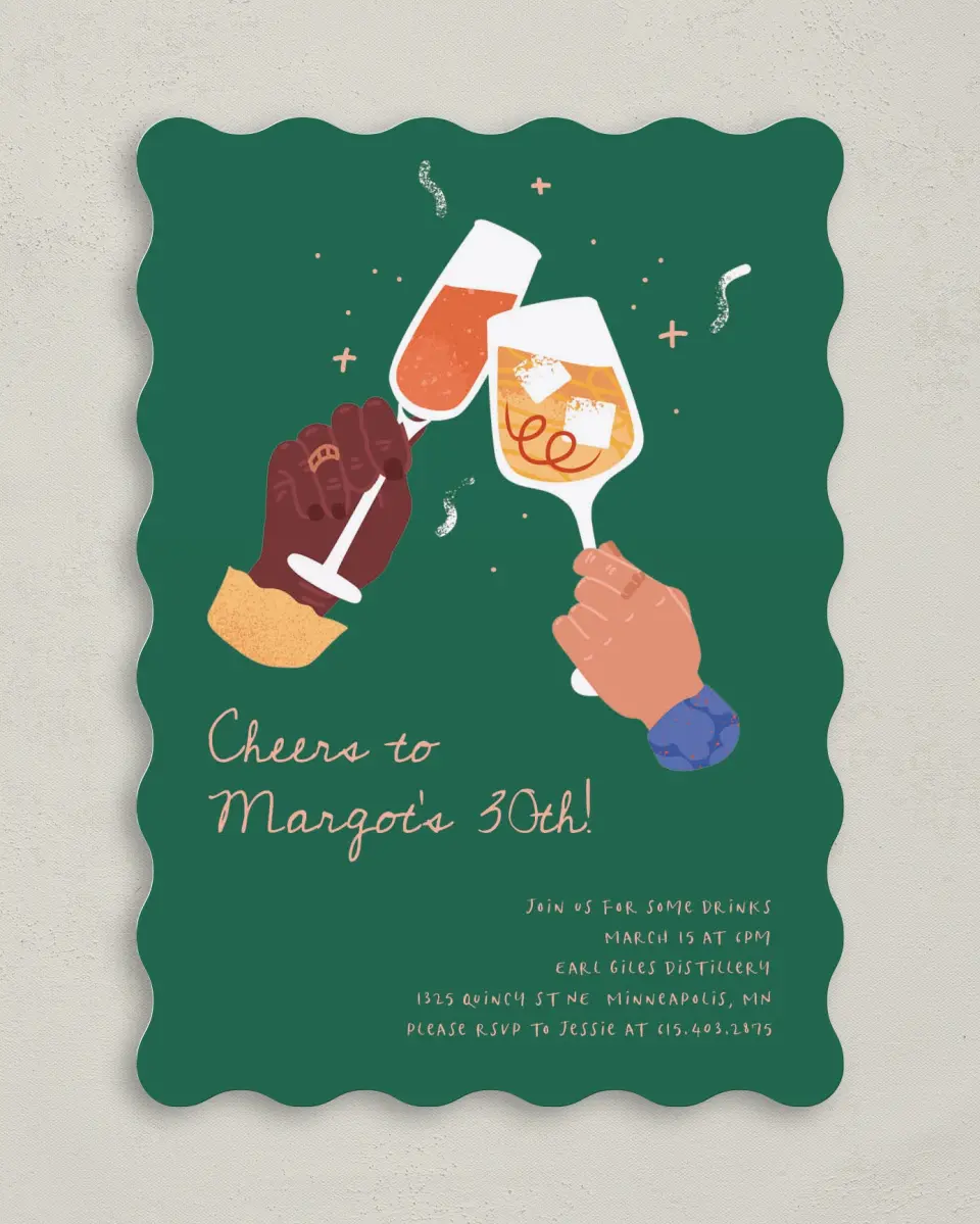 This is a 5" x 7" Birthday Party Invitation called Clink & Drink printed in full color on Premium Smooth paper