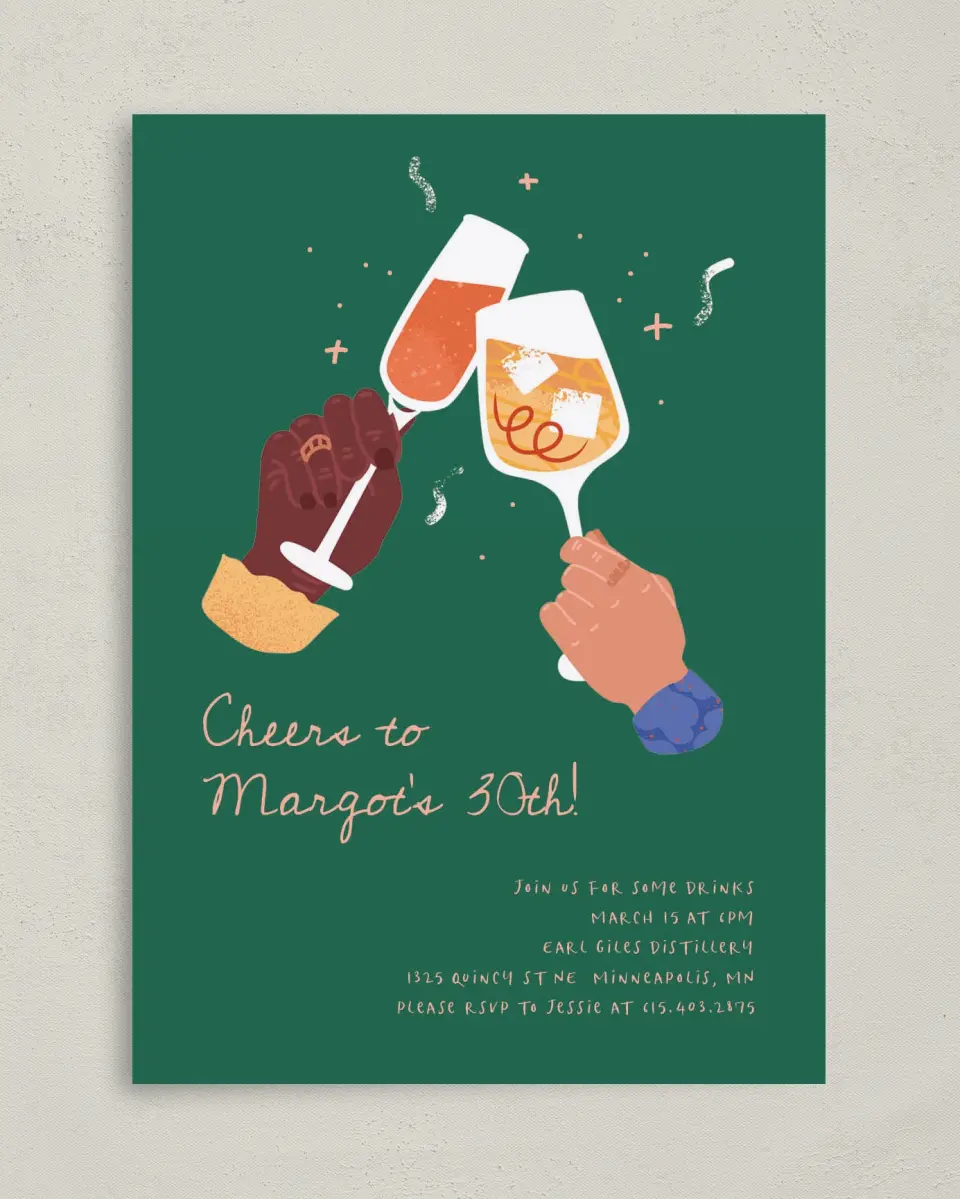 This is a 5" x 7" Birthday Party Invitation called Clink & Drink printed in full color on Premium Smooth paper