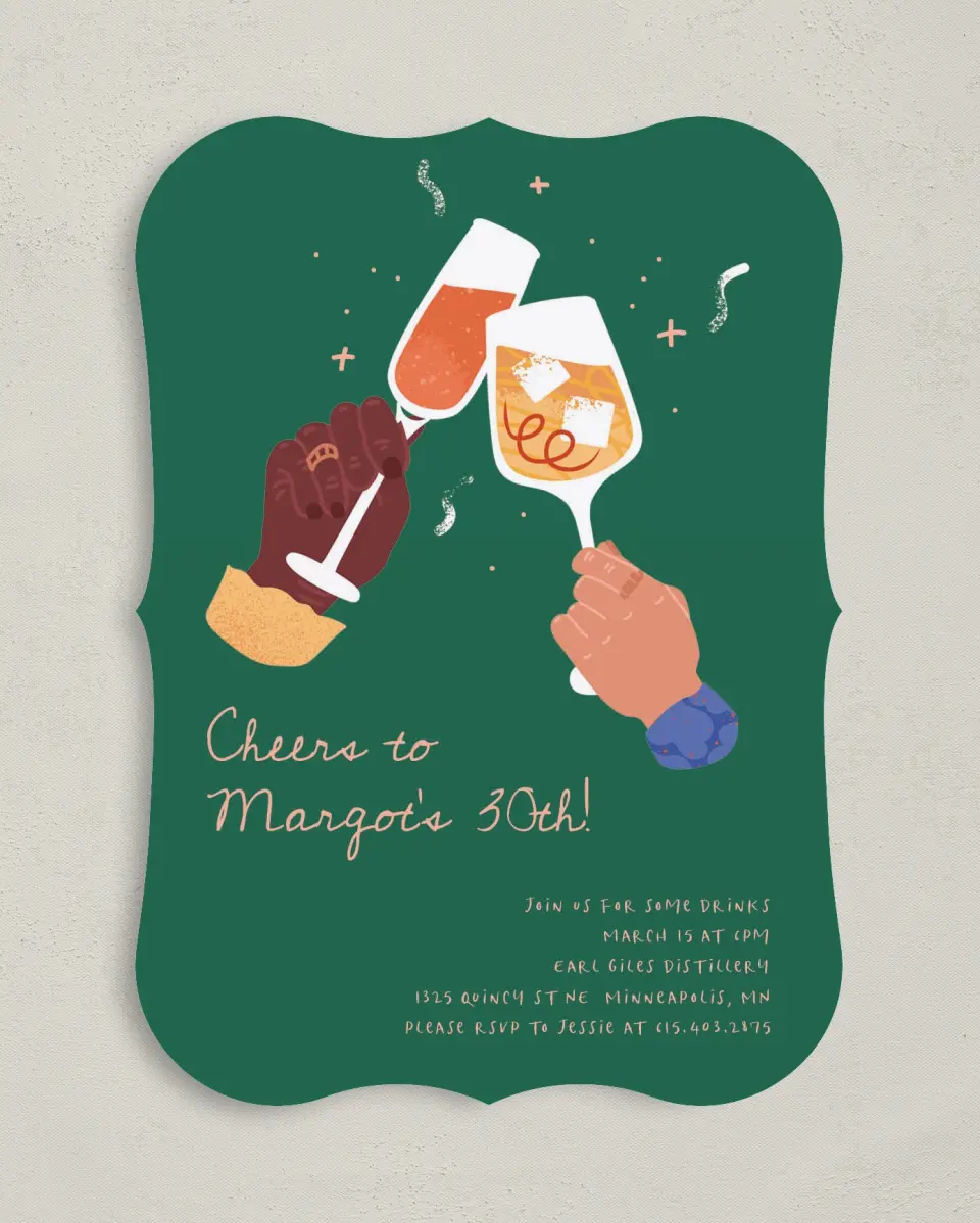 This is a 5" x 7" Birthday Party Invitation called Clink & Drink printed in full color on Premium Smooth paper