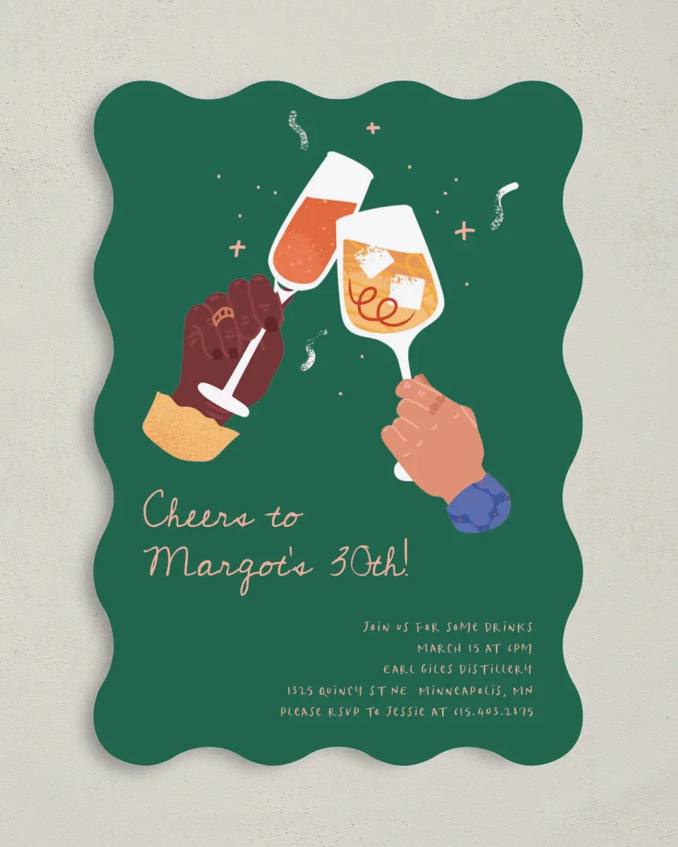 This is a 5" x 7" Birthday Party Invitation called Clink & Drink printed in full color on Premium Smooth paper