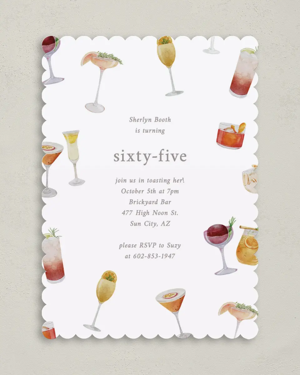 This is a 5" x 7" Birthday Party Invitation called Sophisticated Spirits printed in full color on Premium Smooth paper