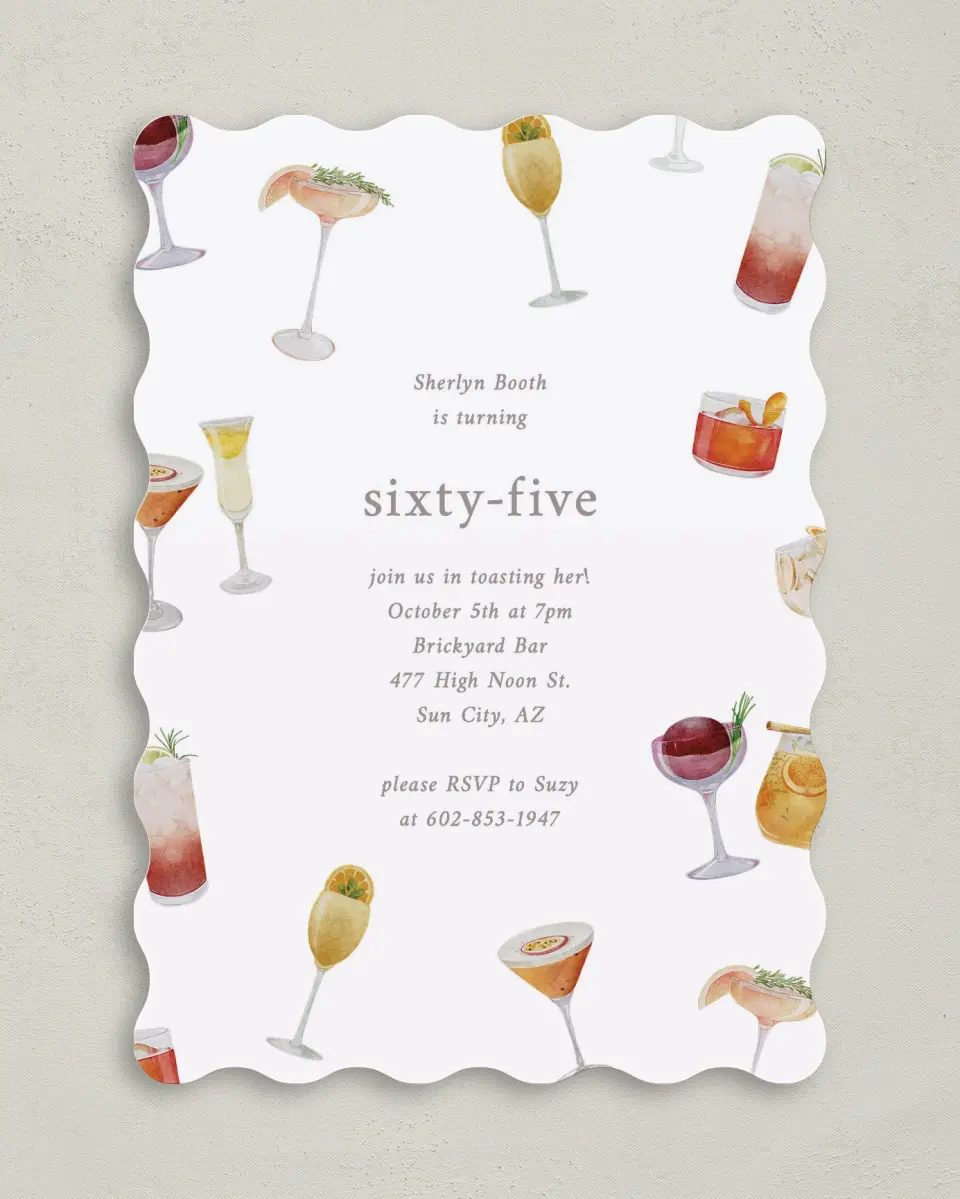 This is a 5" x 7" Birthday Party Invitation called Sophisticated Spirits printed in full color on Premium Smooth paper