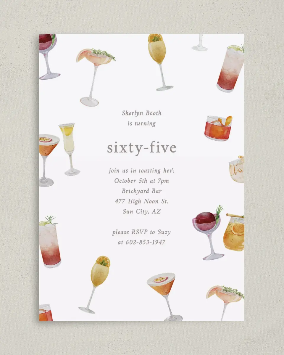 This is a 5" x 7" Birthday Party Invitation called Sophisticated Spirits printed in full color on Premium Smooth paper