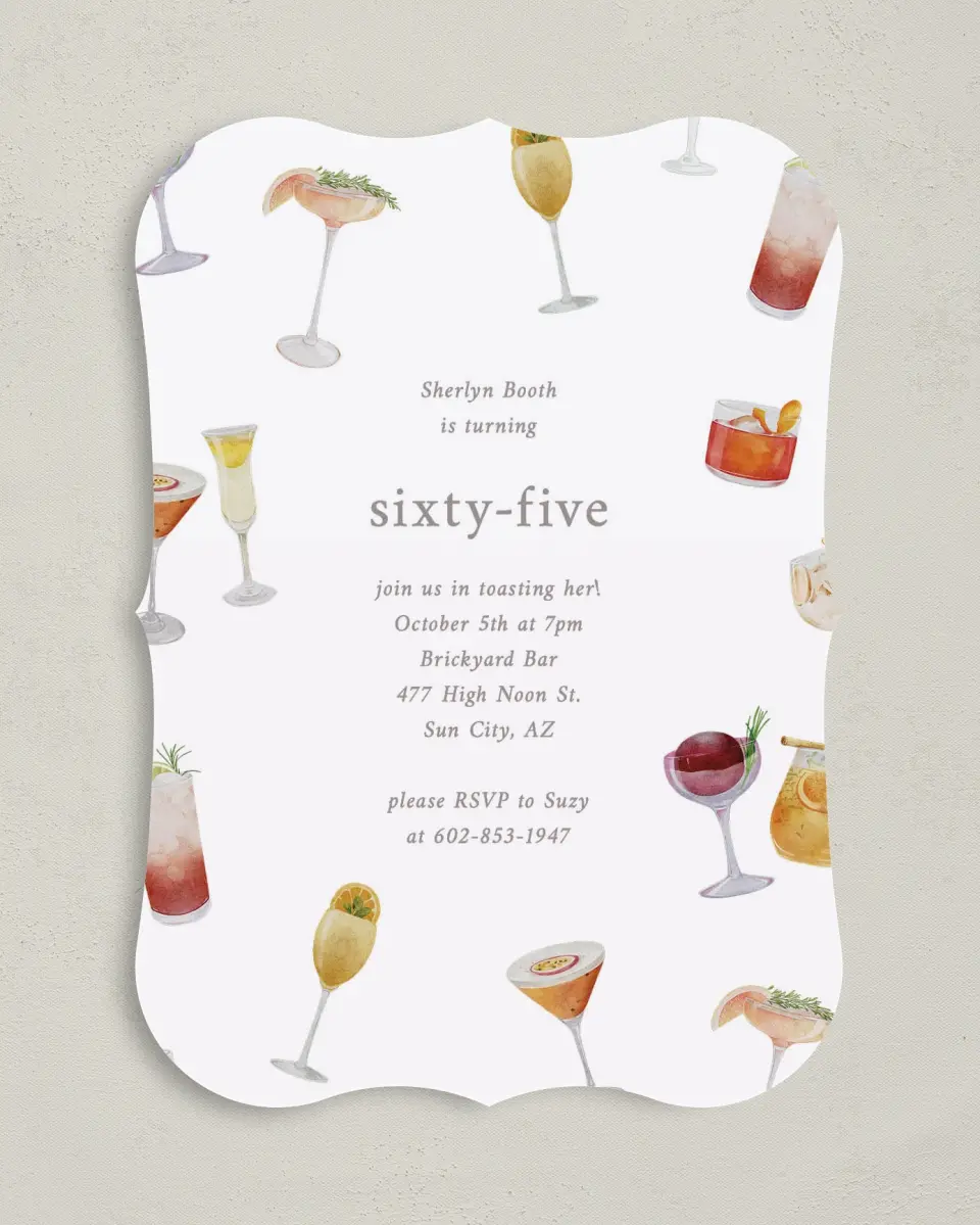 This is a 5" x 7" Birthday Party Invitation called Sophisticated Spirits printed in full color with Gold foil on Luxe Satin (coated) paper