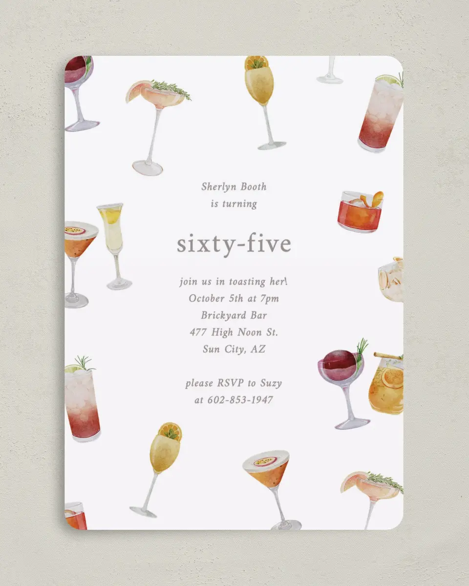 This is a 5" x 7" Birthday Party Invitation called Sophisticated Spirits printed in full color with Gold foil on Luxe Satin (coated) paper