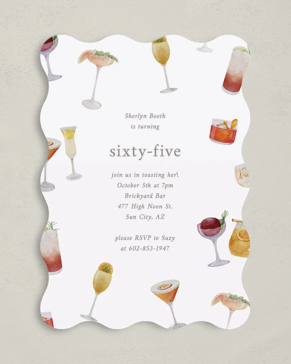This is a 5" x 7" Birthday Party Invitation called Sophisticated Spirits printed in full color on Premium Smooth paper