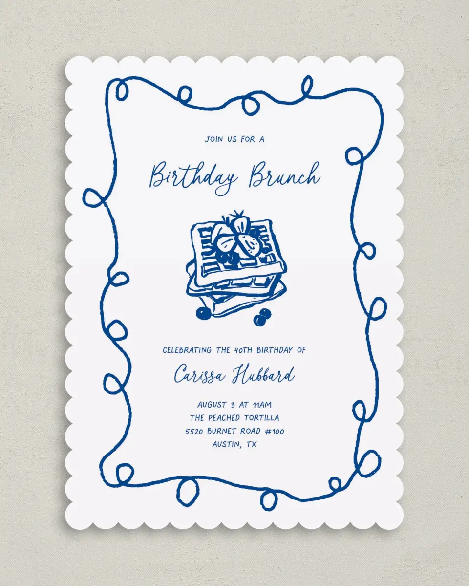 This is a 5" x 7" Birthday Party Invitation called Birthday Brunch printed in full color on Premium Smooth paper