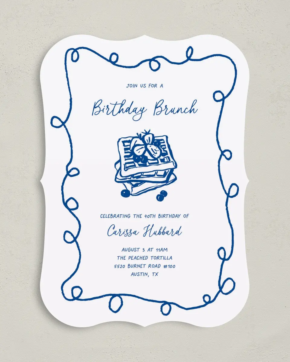 This is a 5" x 7" Birthday Party Invitation called Birthday Brunch printed in full color with Gold foil on Luxe Satin (coated) paper