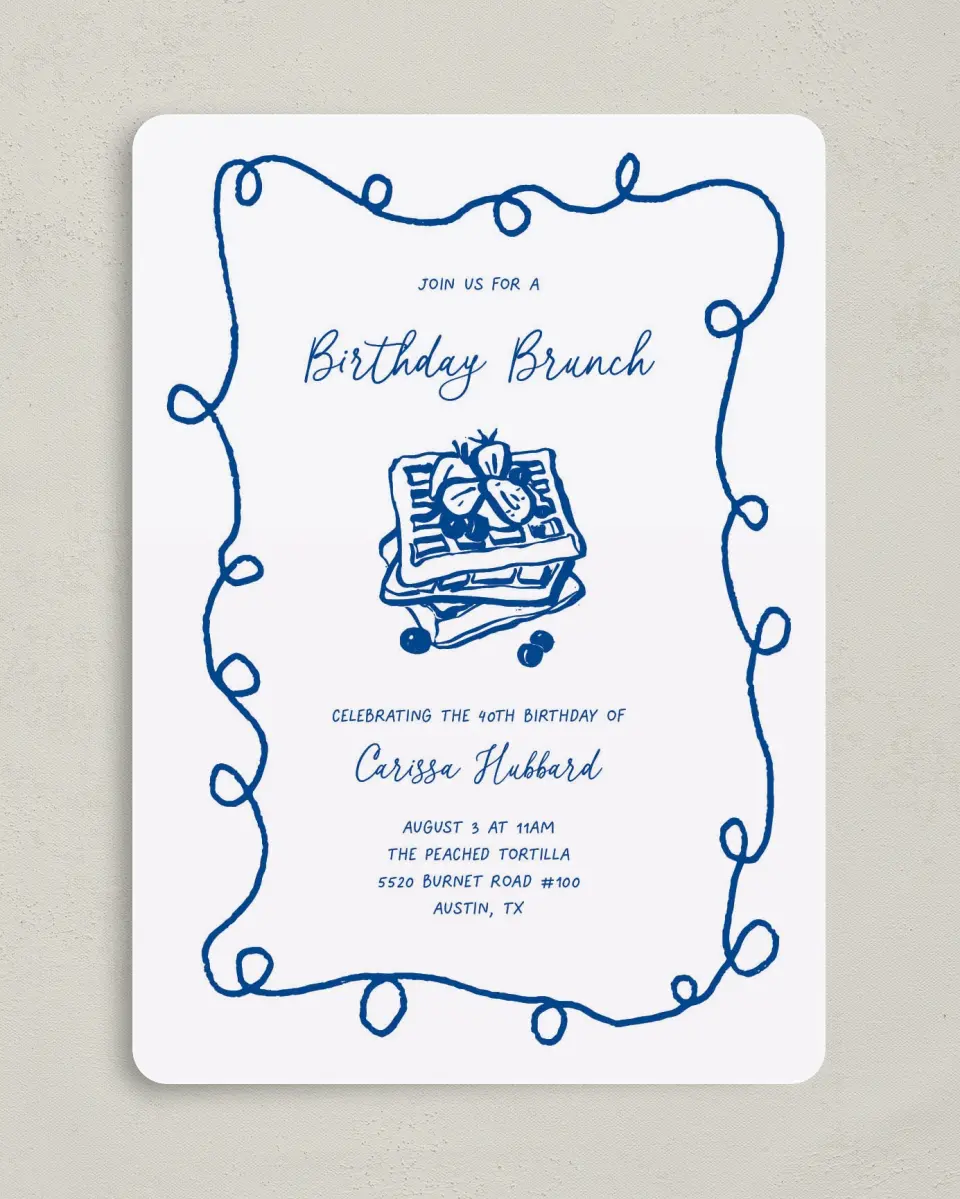 This is a 5" x 7" Birthday Party Invitation called Birthday Brunch printed in full color with Gold foil on Luxe Satin (coated) paper