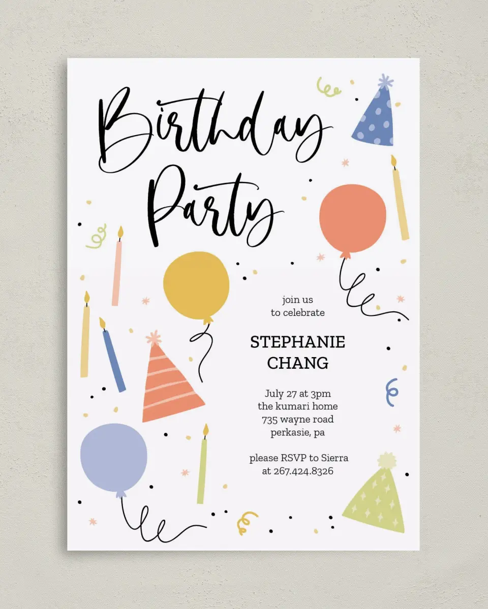 This is a 5" x 7" Birthday Party Invitation called Birthday Bonanza printed in full color on Premium Smooth paper