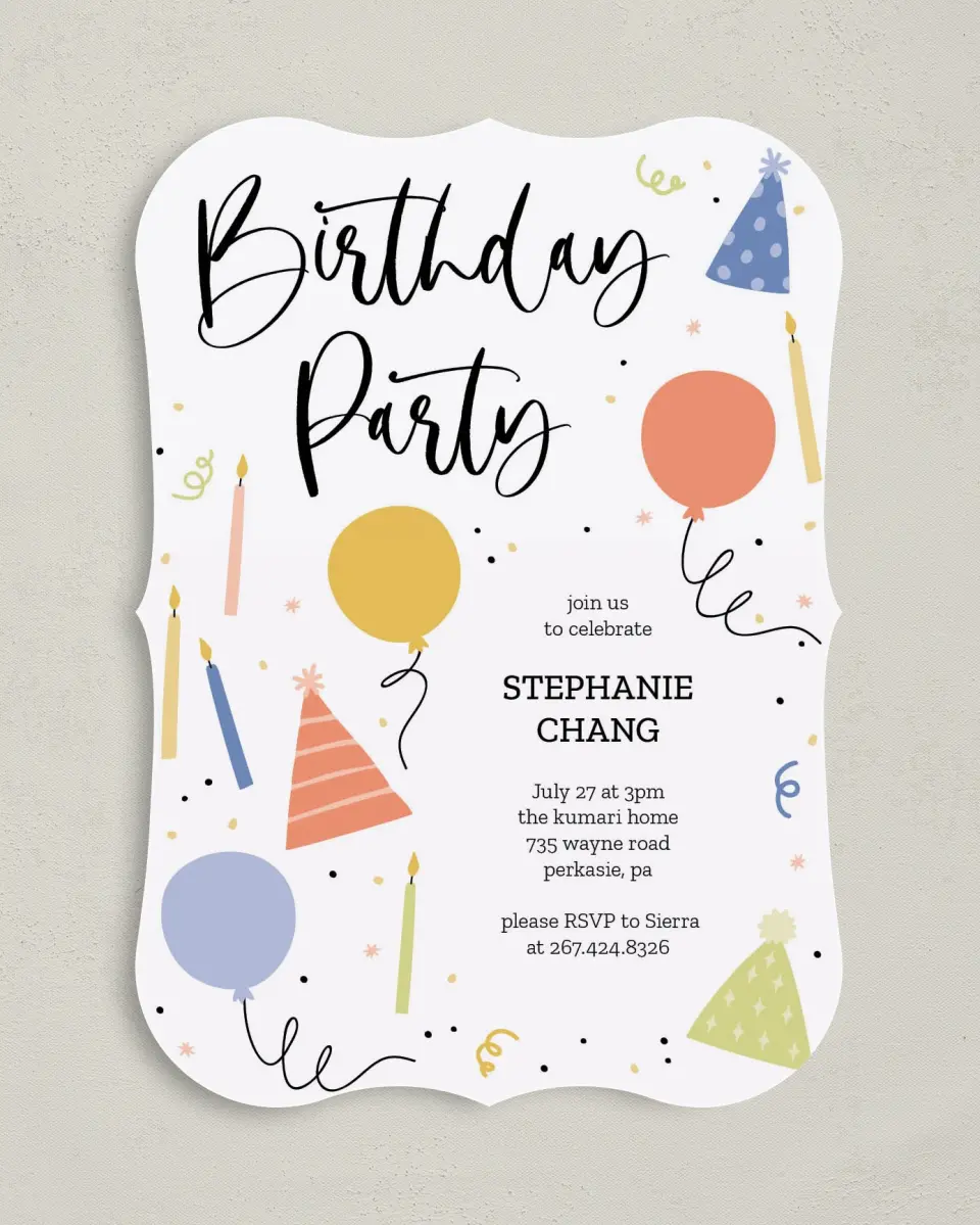 This is a 5" x 7" Birthday Party Invitation called Birthday Bonanza printed in full color on Premium Smooth paper