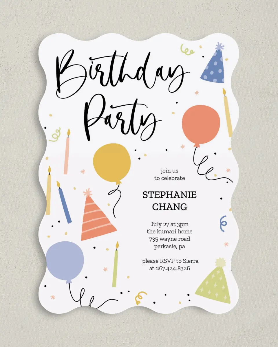 This is a 5" x 7" Birthday Party Invitation called Birthday Bonanza printed in full color on Premium Smooth paper
