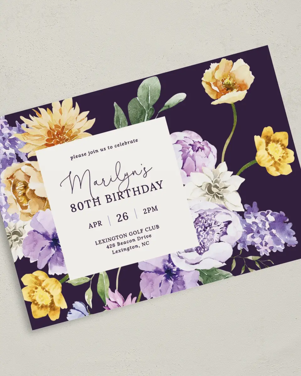 This is a 5" x 7" Birthday Party Invitation called Blossom Bliss printed in full color on Premium Smooth paper