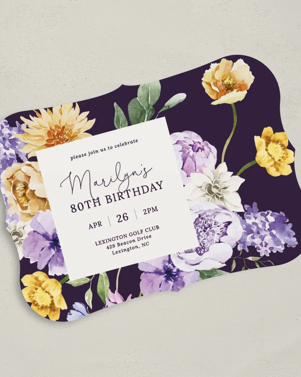 This is a 5" x 7" Birthday Party Invitation called Blossom Bliss printed in full color with Gold foil on Luxe Satin (coated) paper