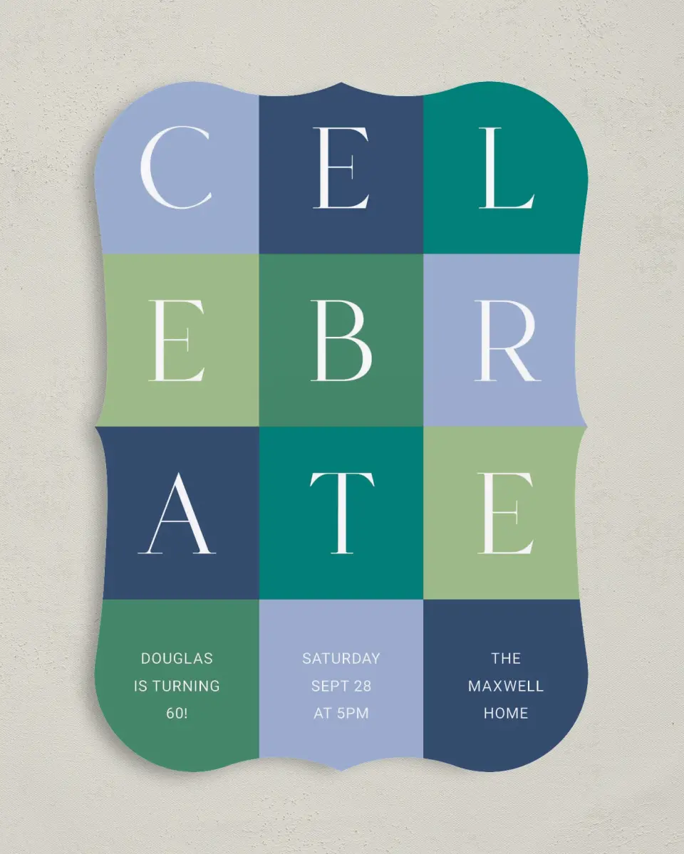 This is a 5" x 7" Birthday Party Invitation called Block Party printed in full color with Gold foil on Luxe Satin (coated) paper