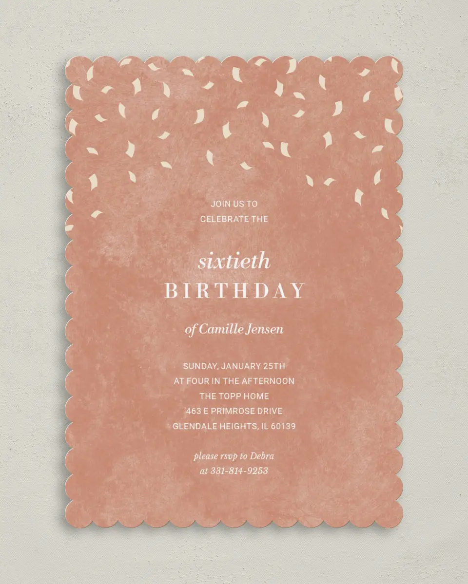This is a 5" x 7" Birthday Party Invitation called Cascading Confetti printed in full color on Premium Smooth paper