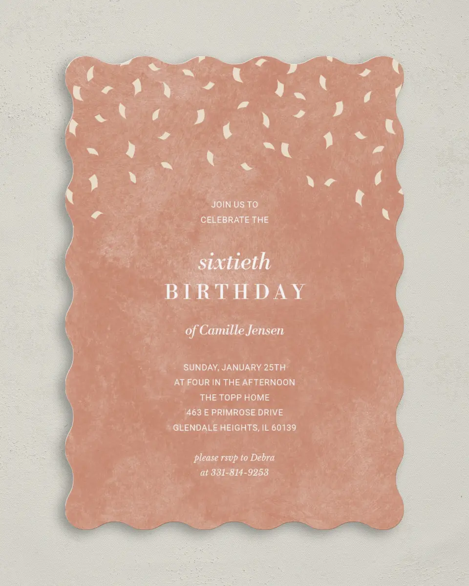 This is a 5" x 7" Birthday Party Invitation called Cascading Confetti printed in full color on Premium Smooth paper