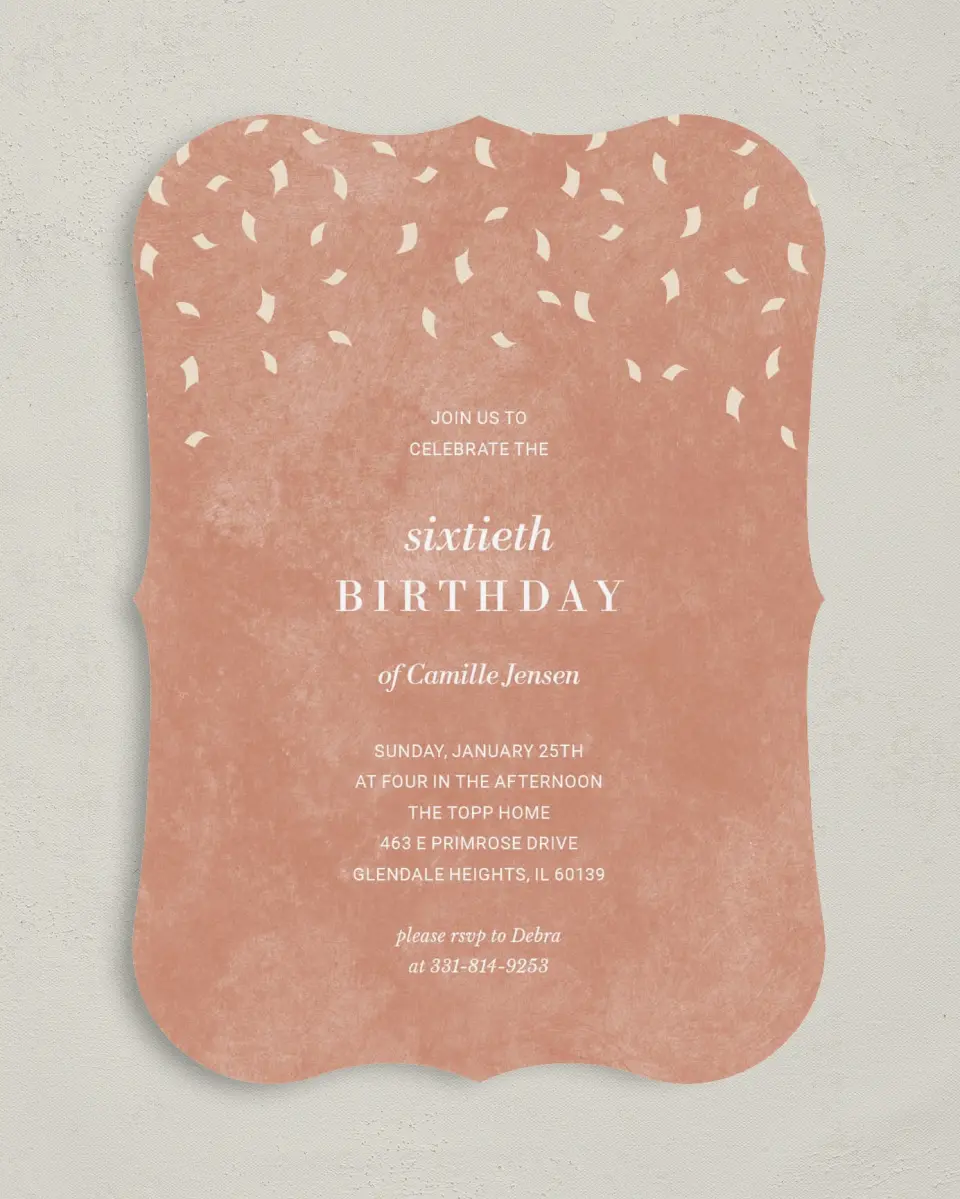 This is a 5" x 7" Birthday Party Invitation called Cascading Confetti printed in full color with Gold foil on Luxe Satin (coated) paper