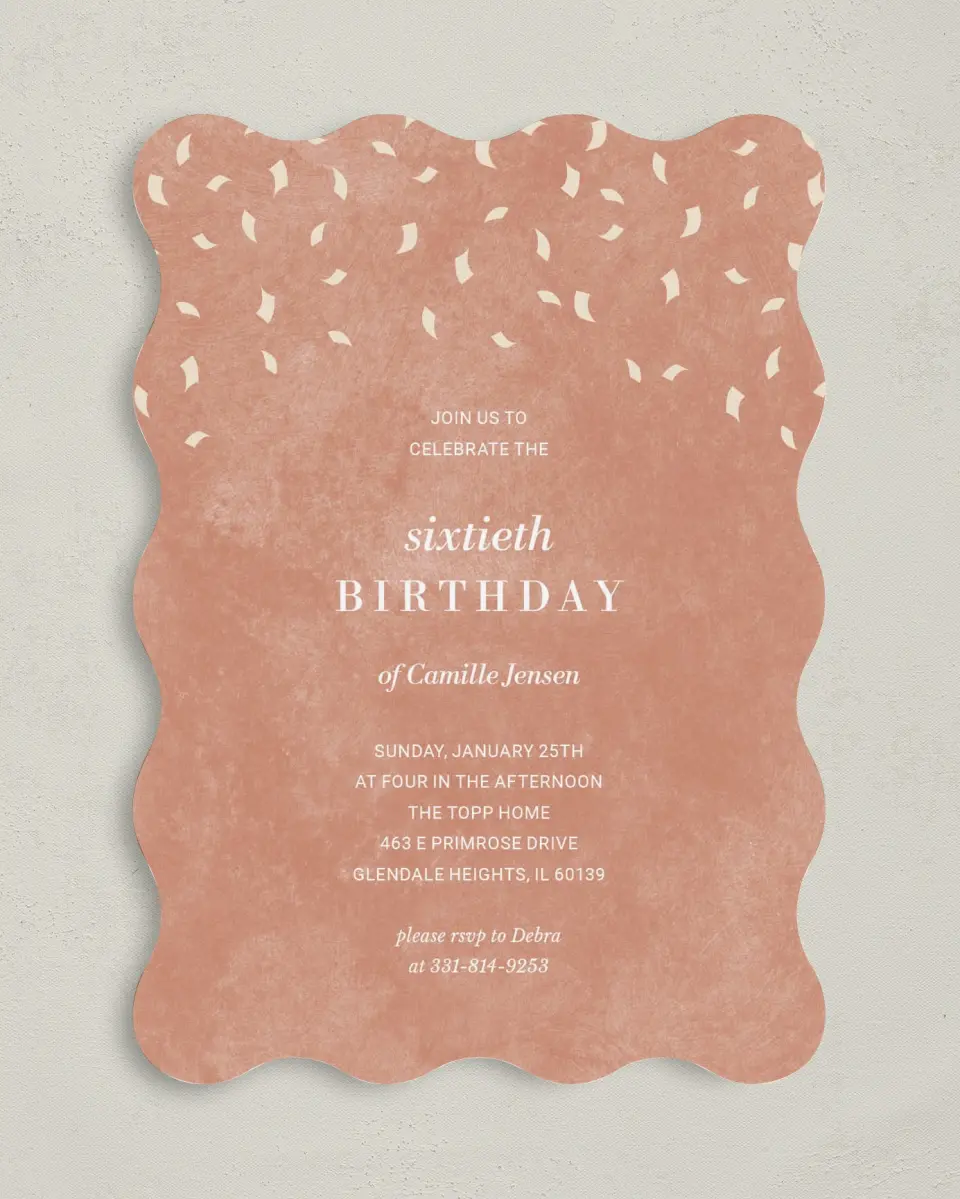 This is a 5" x 7" Birthday Party Invitation called Cascading Confetti printed in full color on Premium Smooth paper