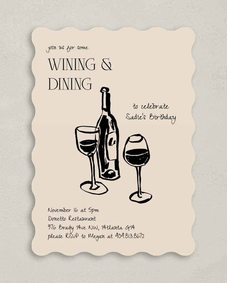 This is a 5" x 7" Birthday Party Invitation called Wining & Dining printed in full color on Premium Smooth paper