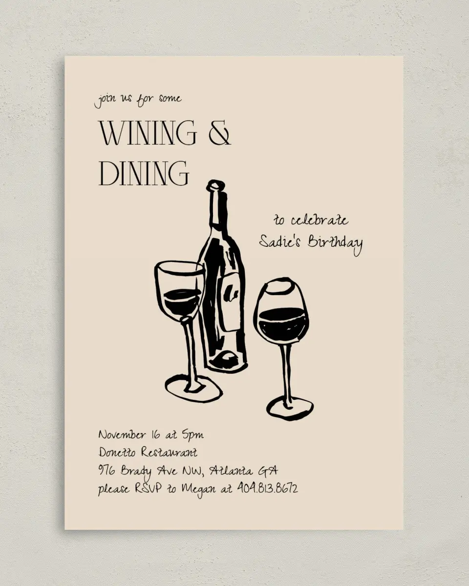 This is a 5" x 7" Birthday Party Invitation called Wining & Dining printed in full color on Premium Smooth paper