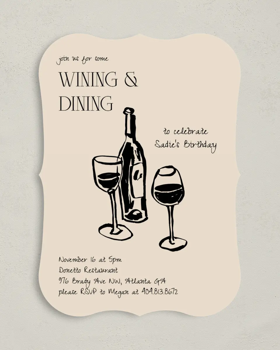 This is a 5" x 7" Birthday Party Invitation called Wining & Dining printed in full color with Gold foil on Luxe Satin (coated) paper