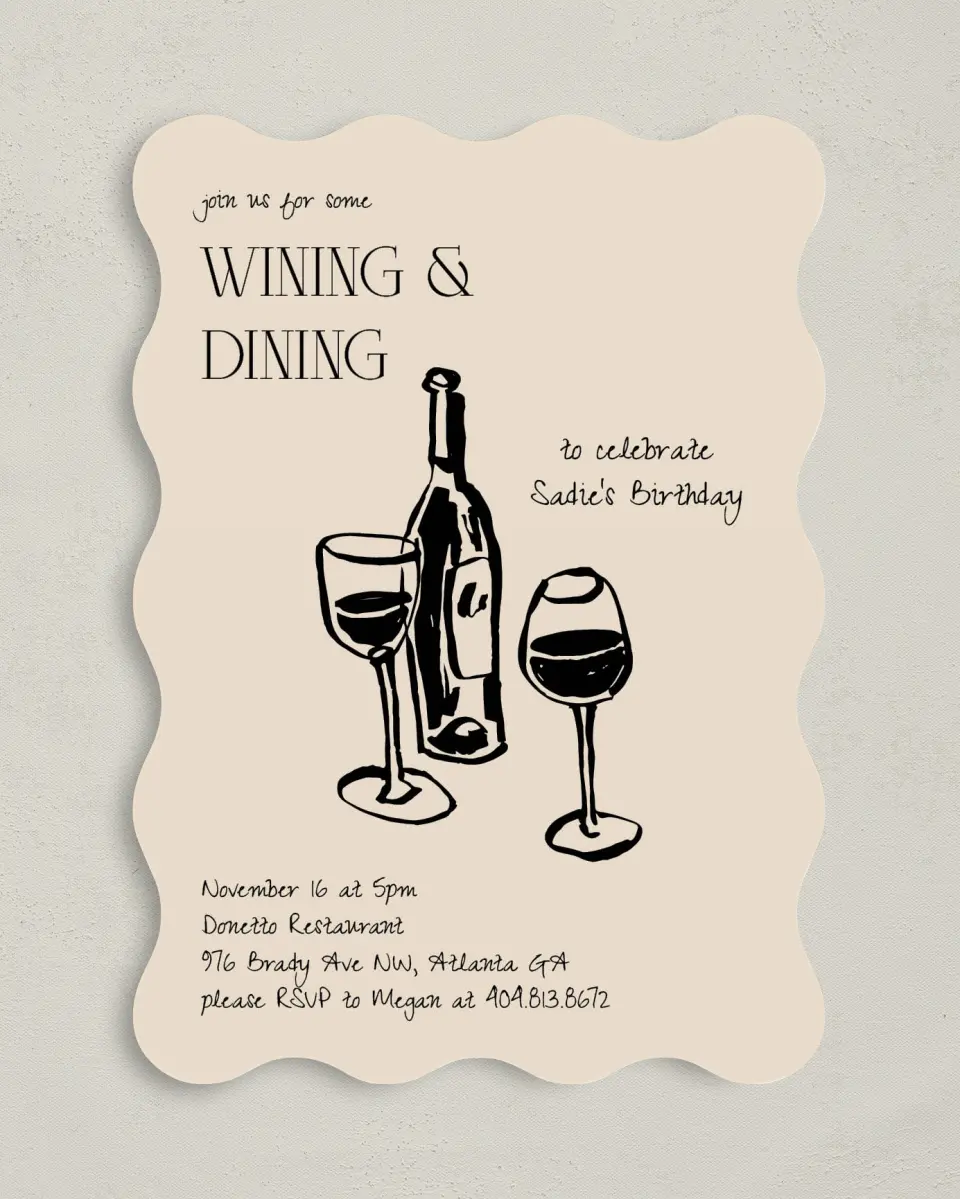 This is a 5" x 7" Birthday Party Invitation called Wining & Dining printed in full color on Premium Smooth paper