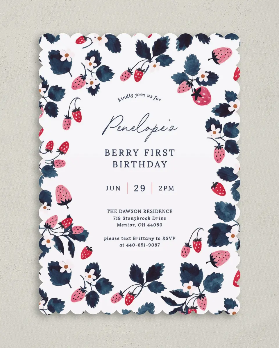 This is a 5" x 7" Birthday Party Invitation called Berry First printed in full color on Premium Smooth paper