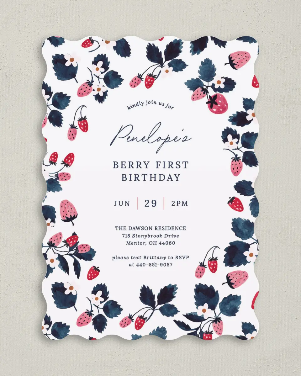 This is a 5" x 7" Birthday Party Invitation called Berry First printed in full color on Premium Smooth paper