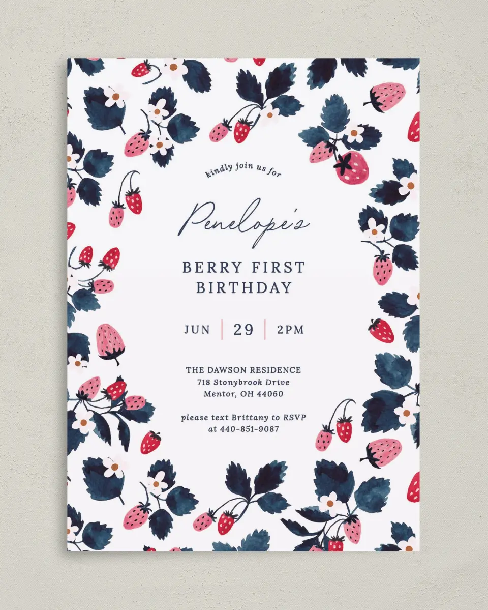 This is a 5" x 7" Birthday Party Invitation called Berry First printed in full color on Premium Smooth paper