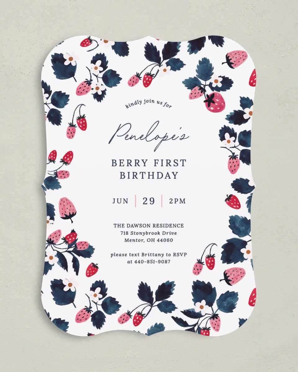 This is a 5" x 7" Birthday Party Invitation called Berry First printed in full color with Gold foil on Luxe Satin (coated) paper