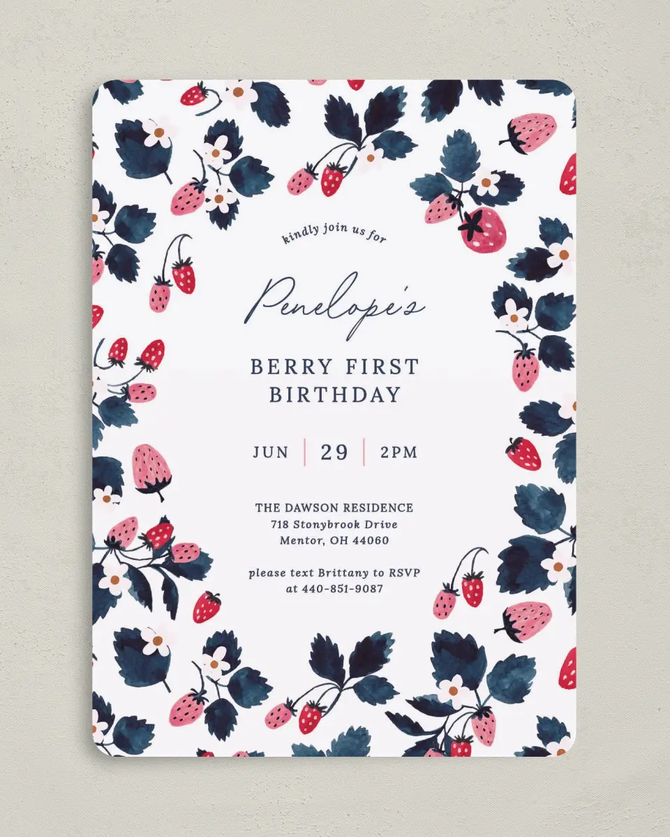 This is a 5" x 7" Birthday Party Invitation called Berry First printed in full color with Gold foil on Luxe Satin (coated) paper