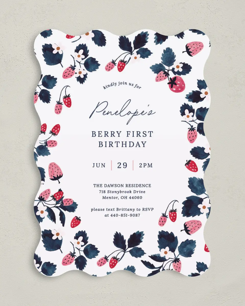 This is a 5" x 7" Birthday Party Invitation called Berry First printed in full color on Premium Smooth paper