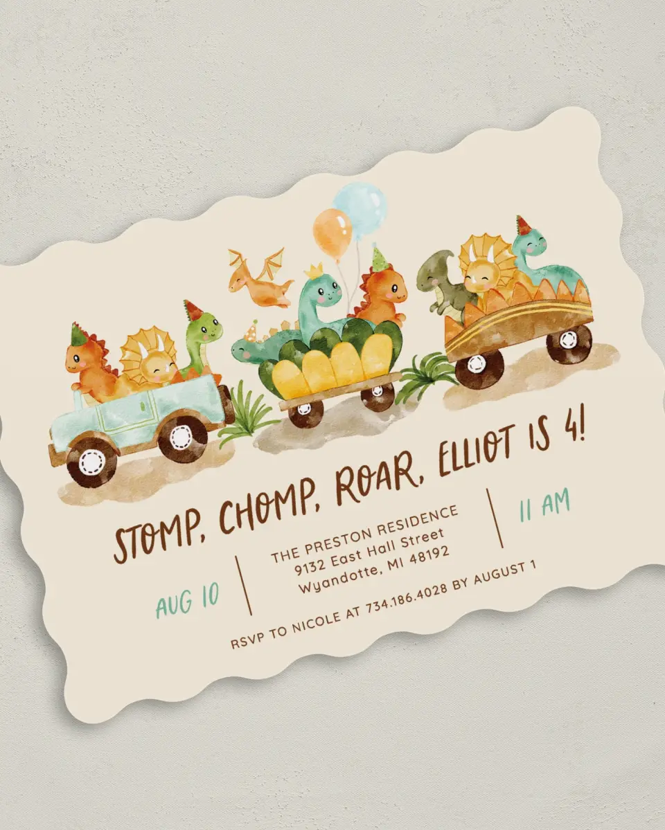 This is a 5" x 7" Birthday Party Invitation called Stomp Chomp Roar printed in full color on Premium Smooth paper