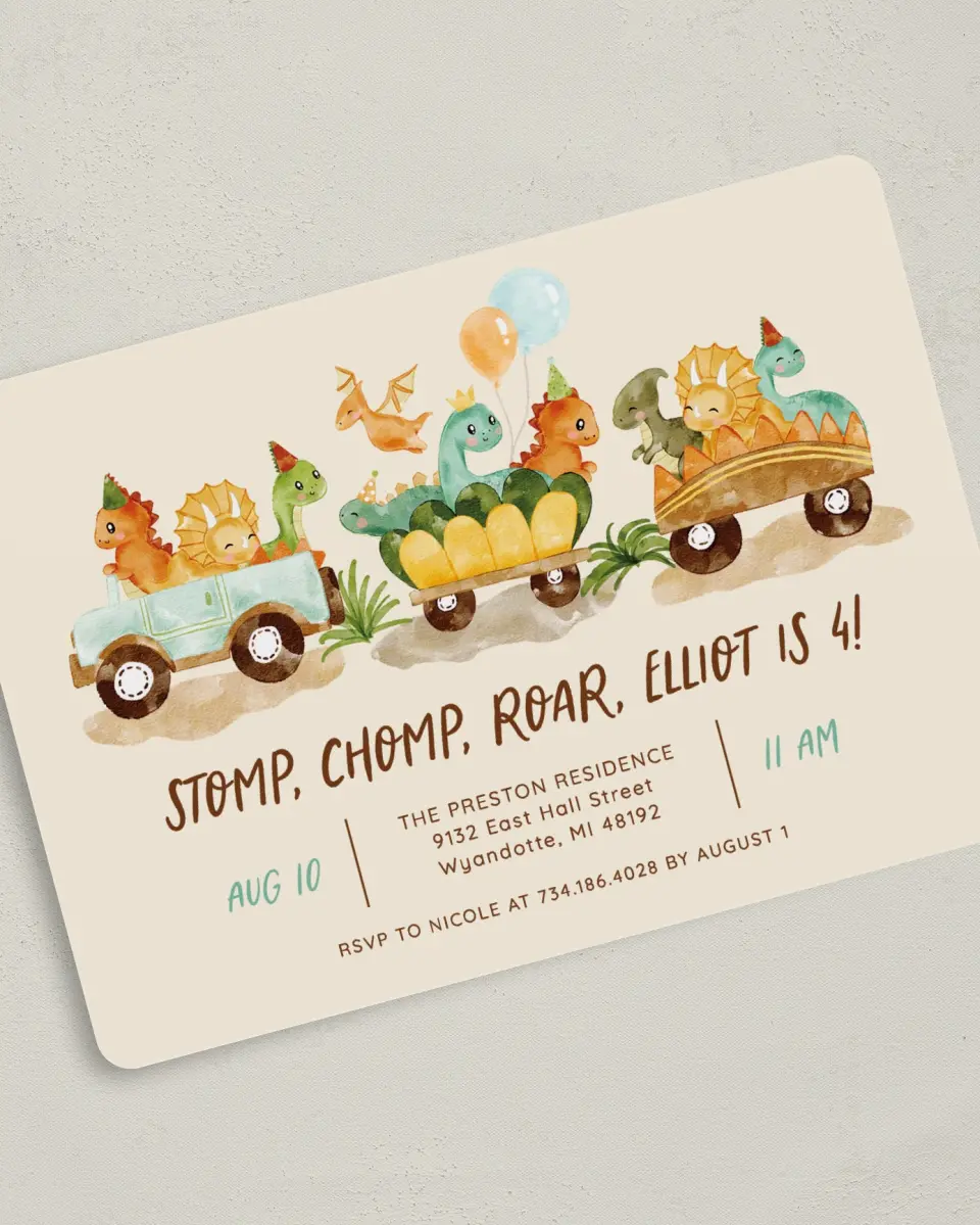This is a 5" x 7" Birthday Party Invitation called Stomp Chomp Roar printed in full color with Gold foil on Luxe Satin (coated) paper