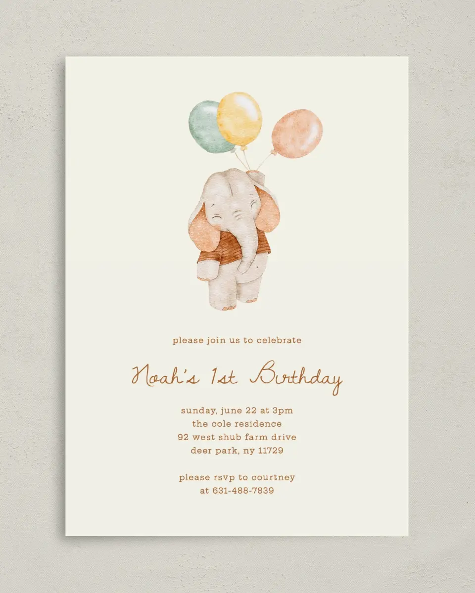 This is a 5" x 7" Birthday Party Invitation called Balloon Buddy printed in full color on Premium Smooth paper