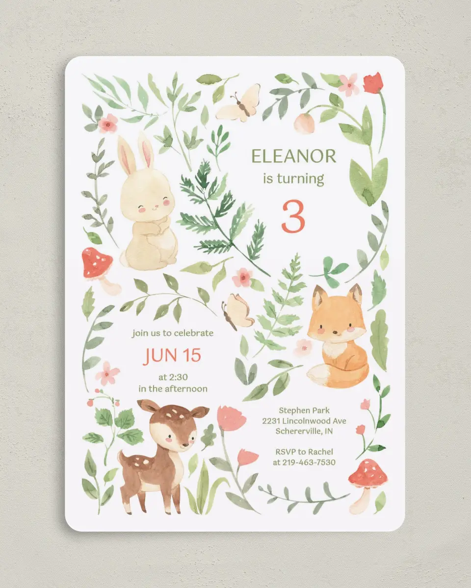 This is a 5" x 7" Birthday Party Invitation called Flora & Fauna printed in full color with Gold foil on Luxe Satin (coated) paper